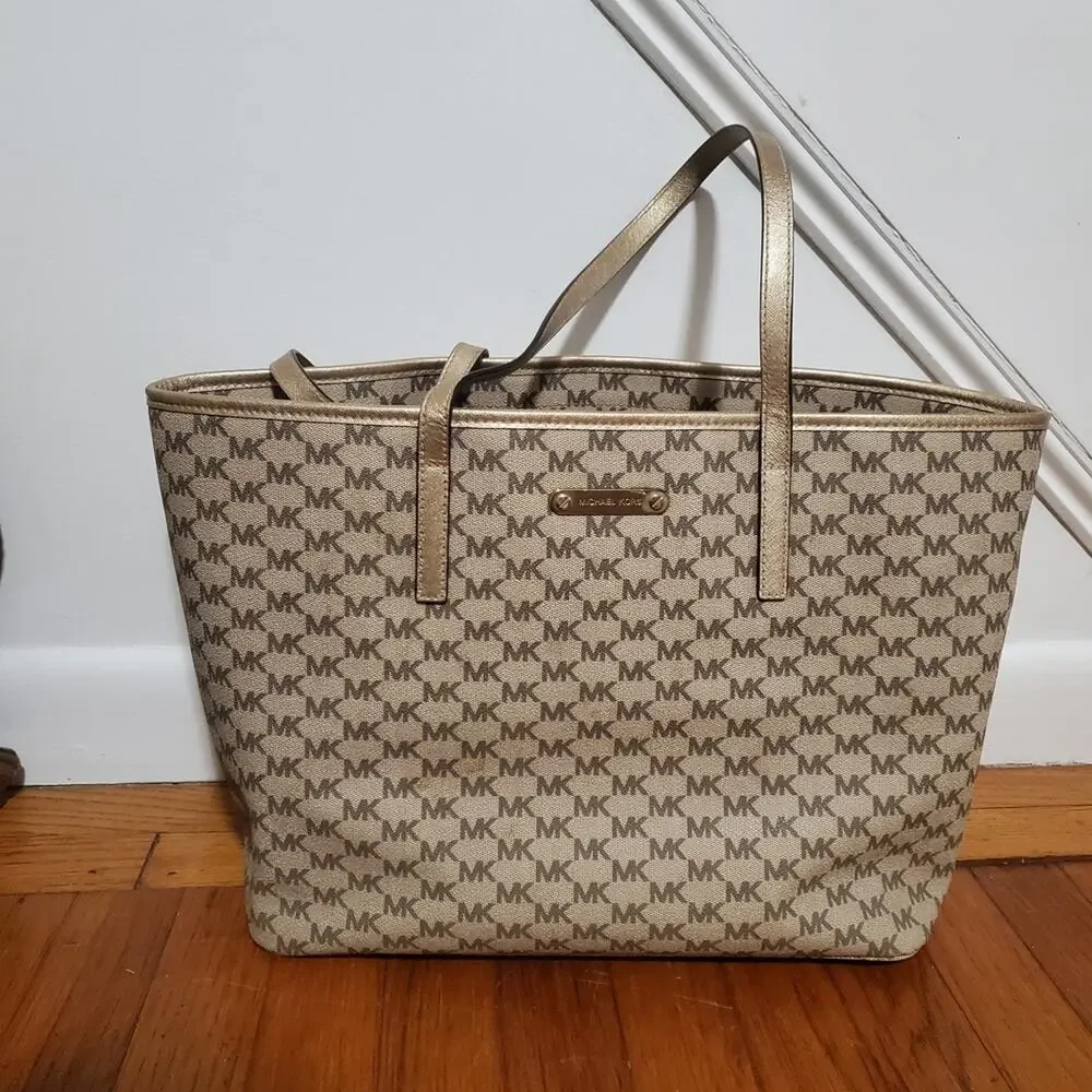 Michael Kors MK Signature Large Gold Tan Tote Handbag